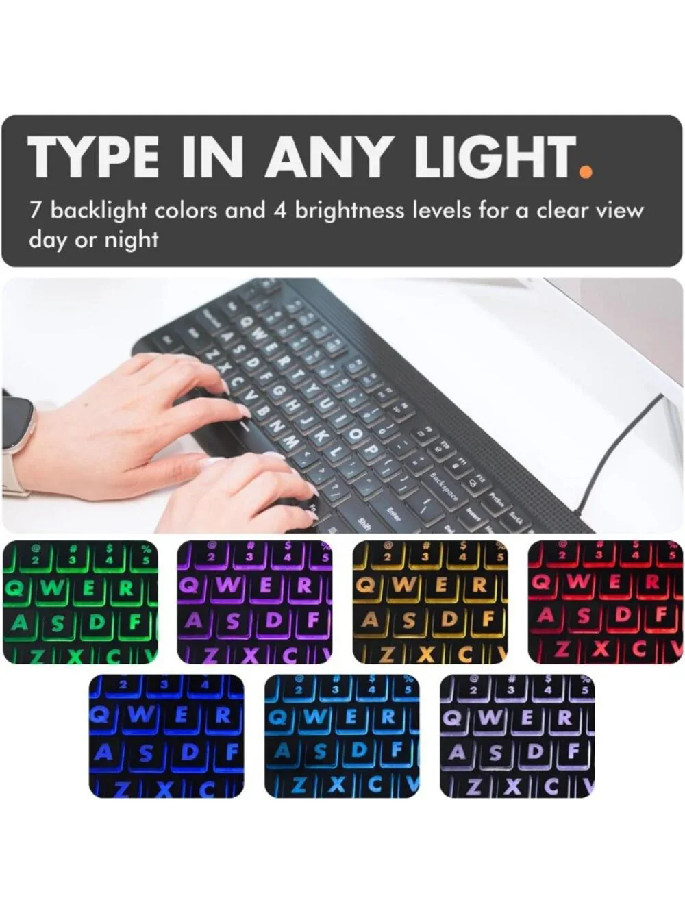 Large Print Backlit Keyboard - Easy Read Big Letters, USB Wired, 7-Color LED
